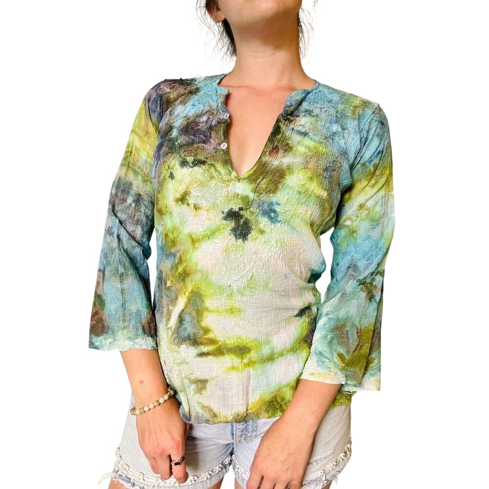 Hand Dyed Vintage Cotton Gauze Tunic Blue & Green Boho 1970s Reworked Ice Dye